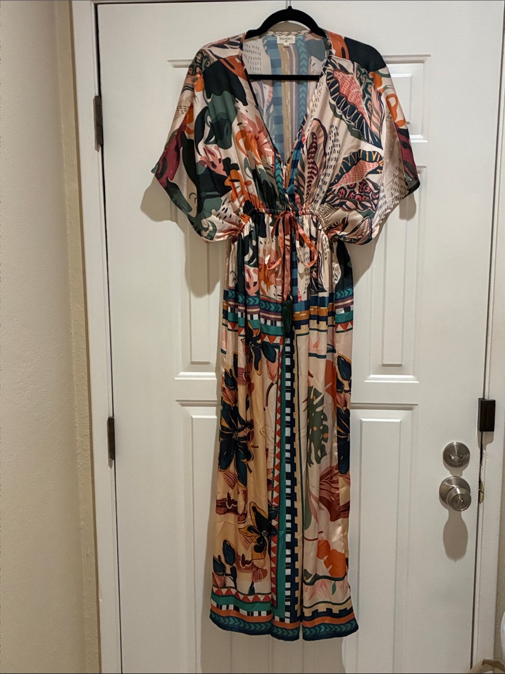 Cost Plus World Market Cream Maxi Dress with Teal, Rust & Navy Print